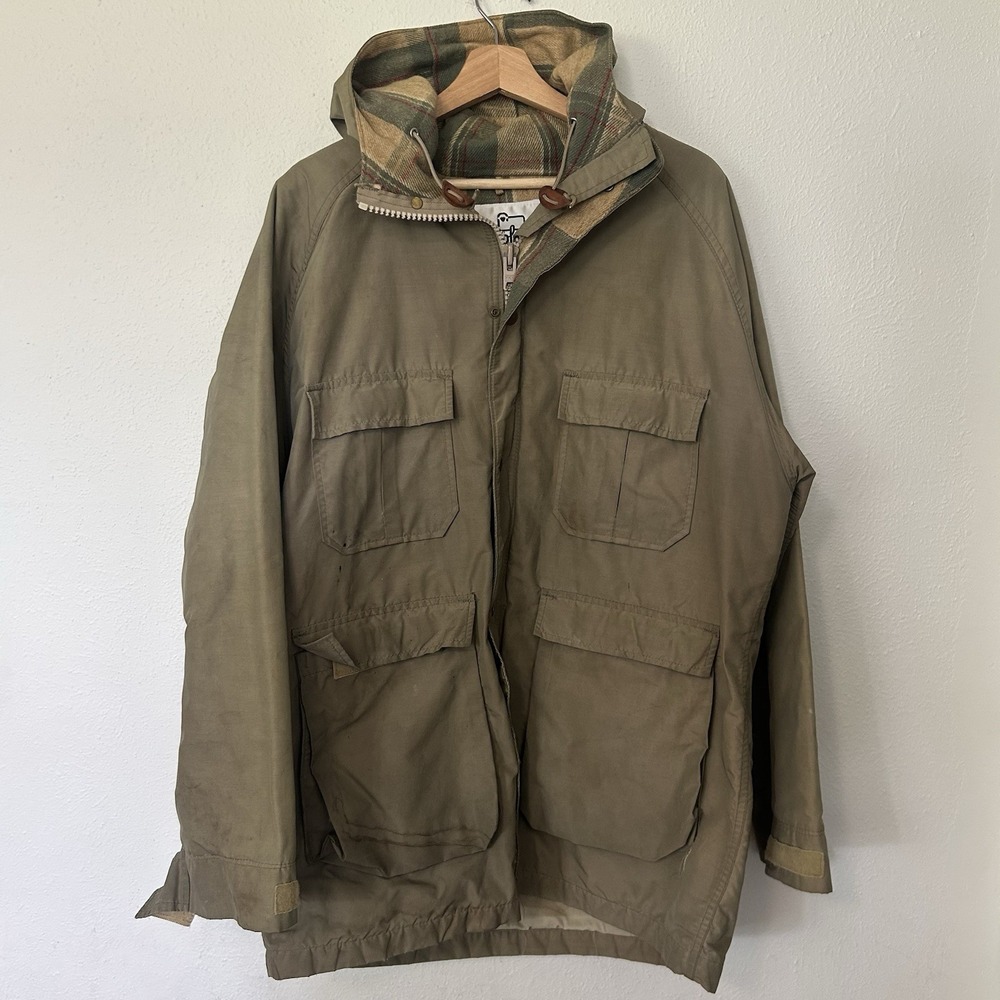 Vtg Woolrich Parka Jacket Mens L? Tan Wool Lined Hooded Chore Coat Made In USA